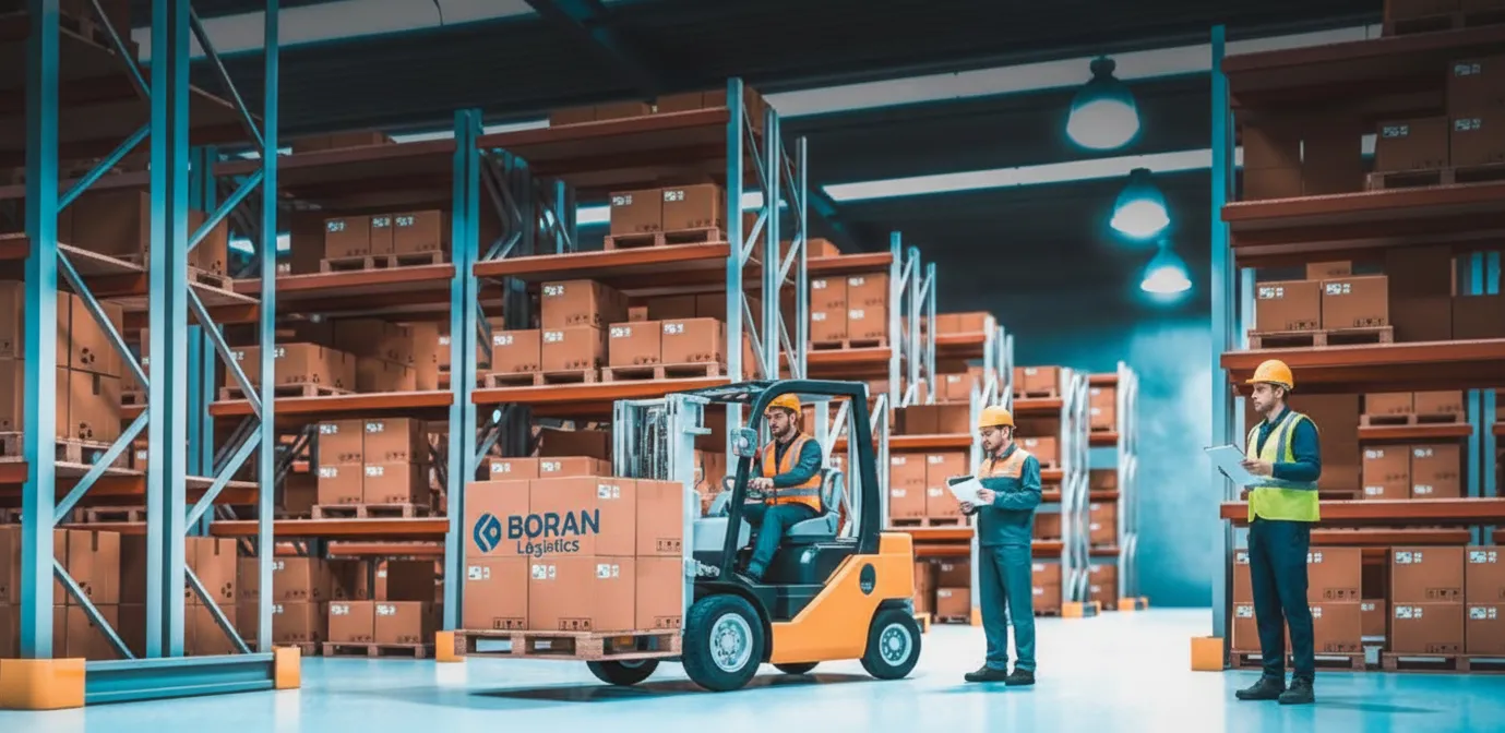 Depo ve antrepo: raflı depoda forklift ve stok kontrolü yapan ekip